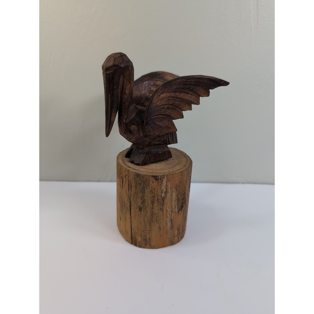 Vintage Carved Wood Pelican On Post Figurine 7in